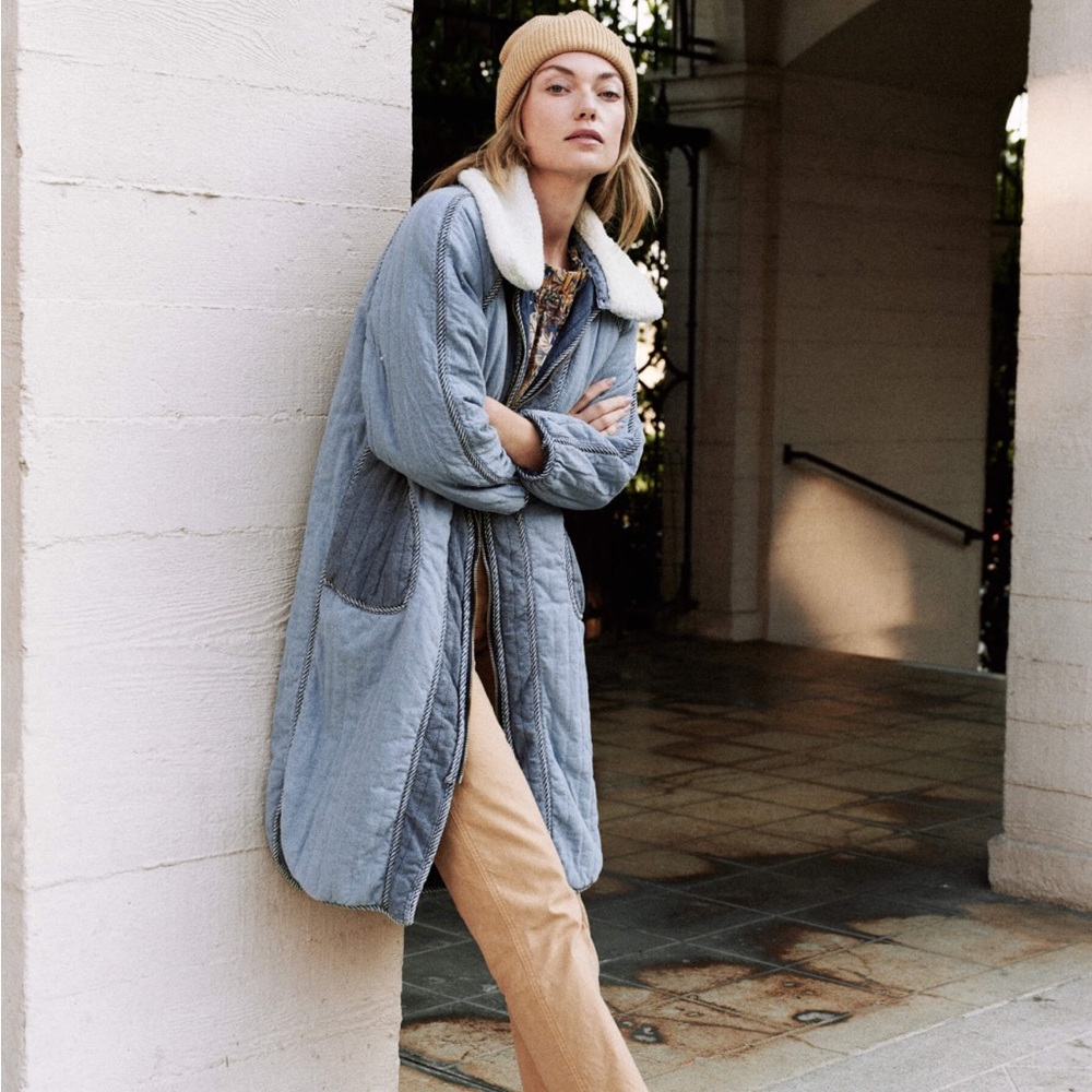 THE GREAT. Quilted Denim Blue Coat with Cream Sherpa Collar - Picture 3 of 9
